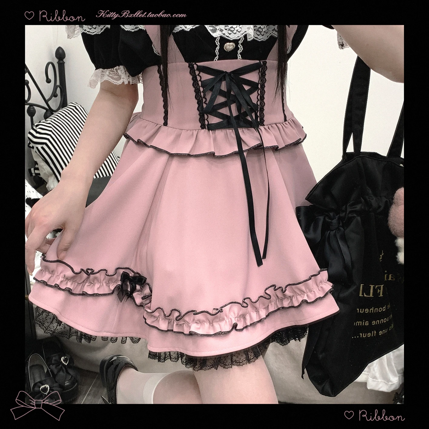 Landmine Style Lace-Up Cake Hem Self-Standing Puffy Skirt Women Lolita Japanese Sweet Flutter Sleeve Cake Skirt Mini Dress