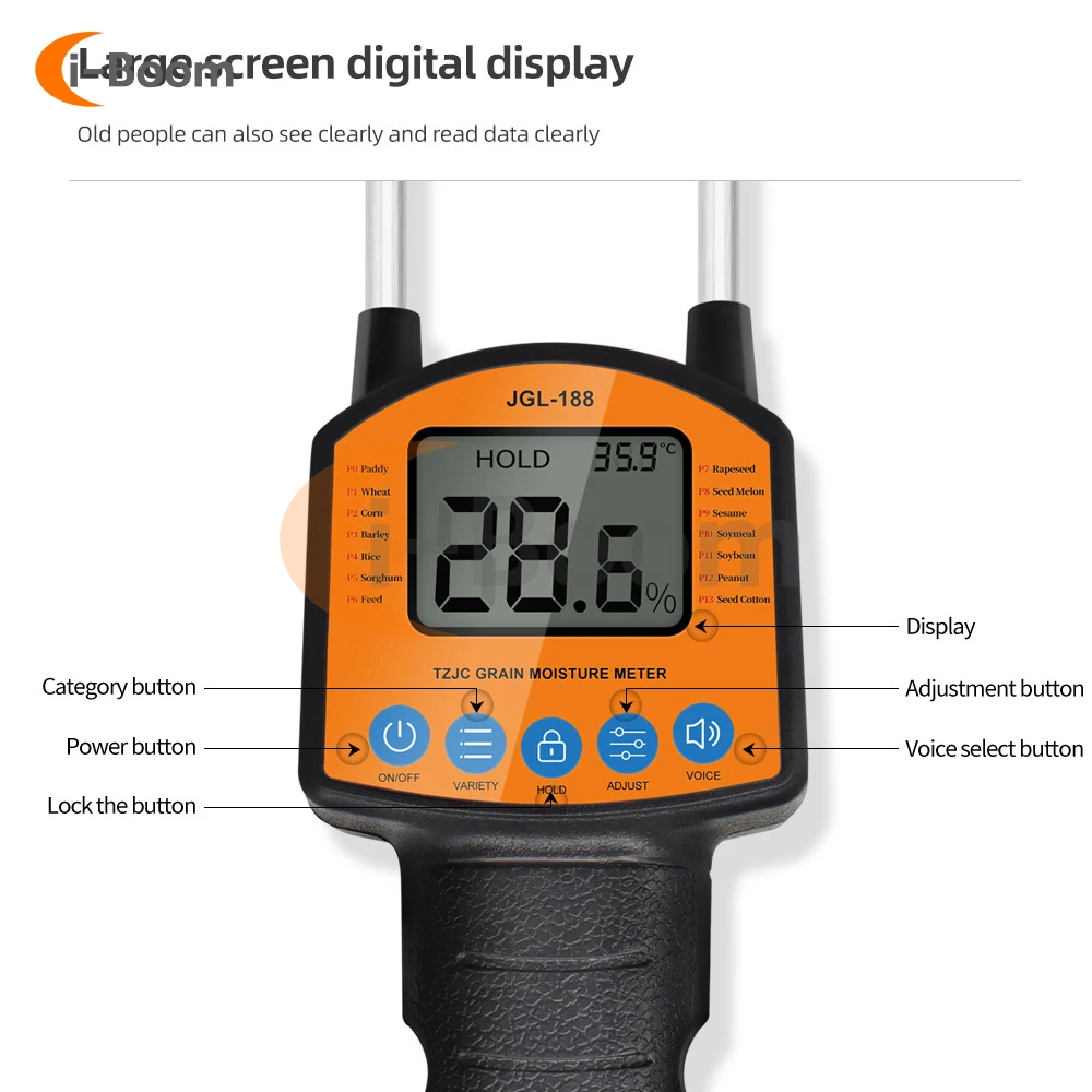 JGL-188 Digital Display Hygrometer Voice Announcement 25cm Metal Probe Grain Temperature and Humidity Test Instrument