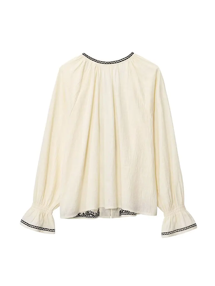 NLZGMSJ 2025 Vakantie Stijl Shirts Voor Vrouw Mode Contrast Kleur Print Shirt Top O-hals Lange Mouw Nieuwe Losse Shirt