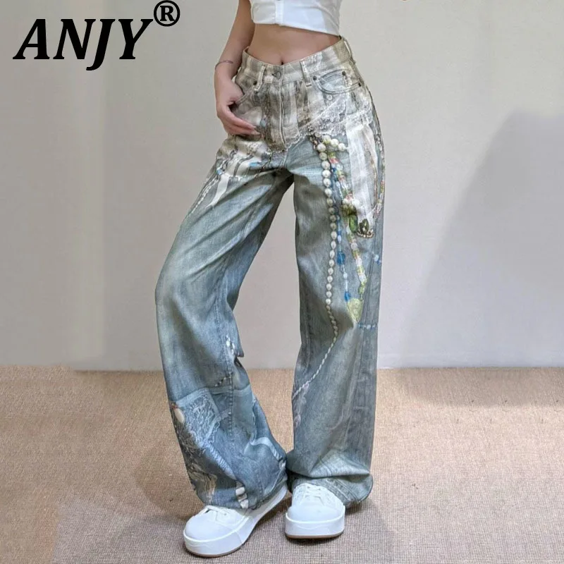 

ANJY Spring Autumn New Women Fashion 3D Printed Washed Loose Straight Jeans Trendy Stylish Casual High Street Denim Pants A20589
