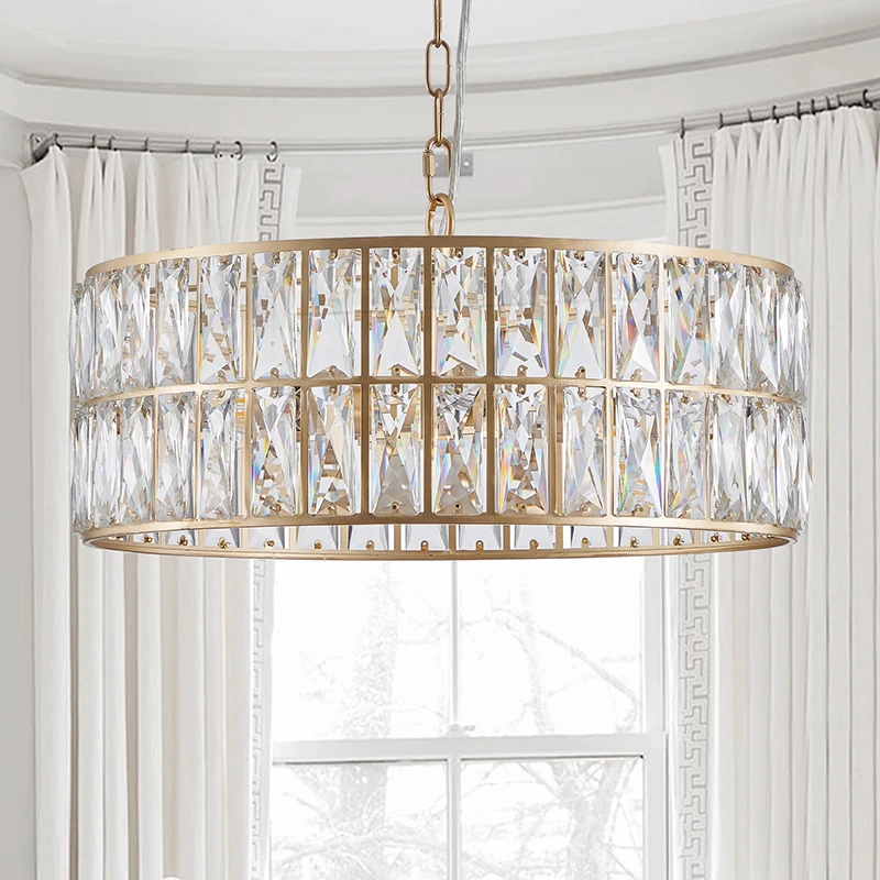 

Modern Crystal Drum Chandelier Lighting Fixture with Metal Frame for Living Room Dining Room Bedroom Home