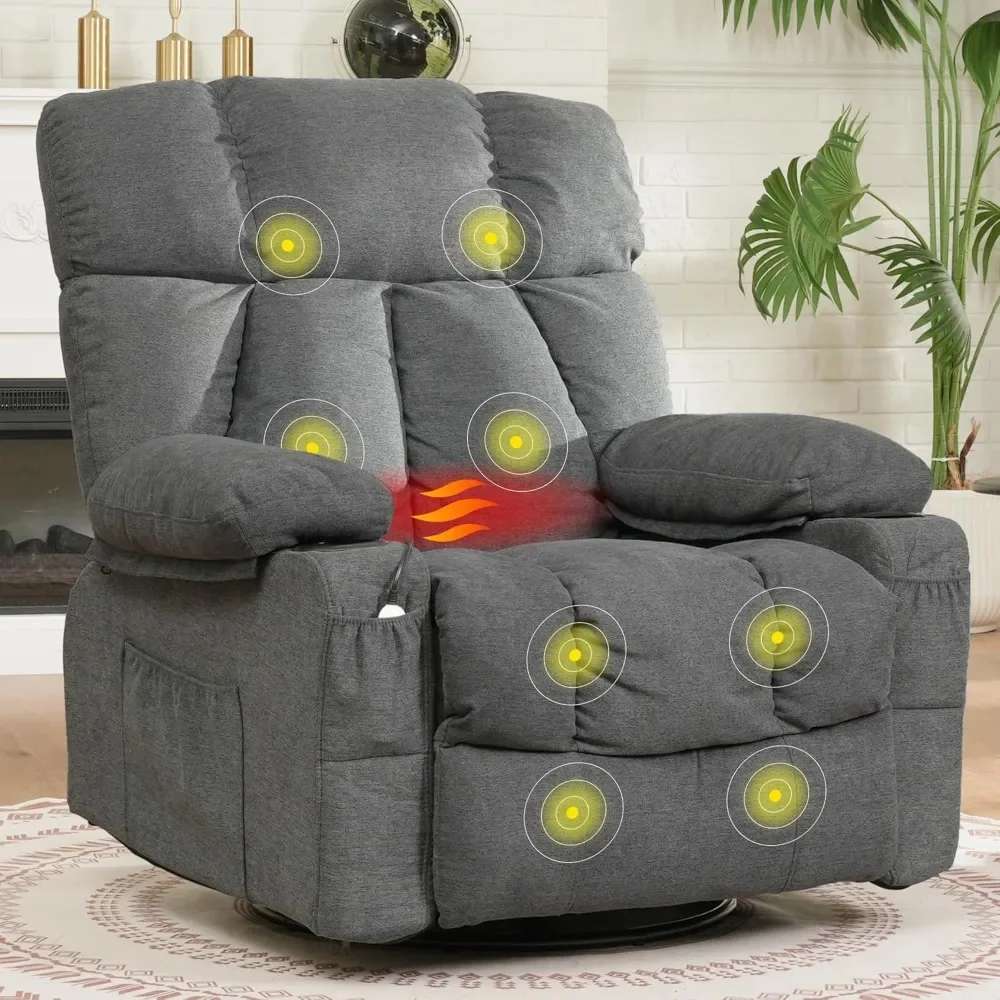 Rocker Recliner Chair W/Massage & Heat, 360° Swivel Recliner Chair W/Cup Holders, USB Port, Manual Glider Rocking Chair