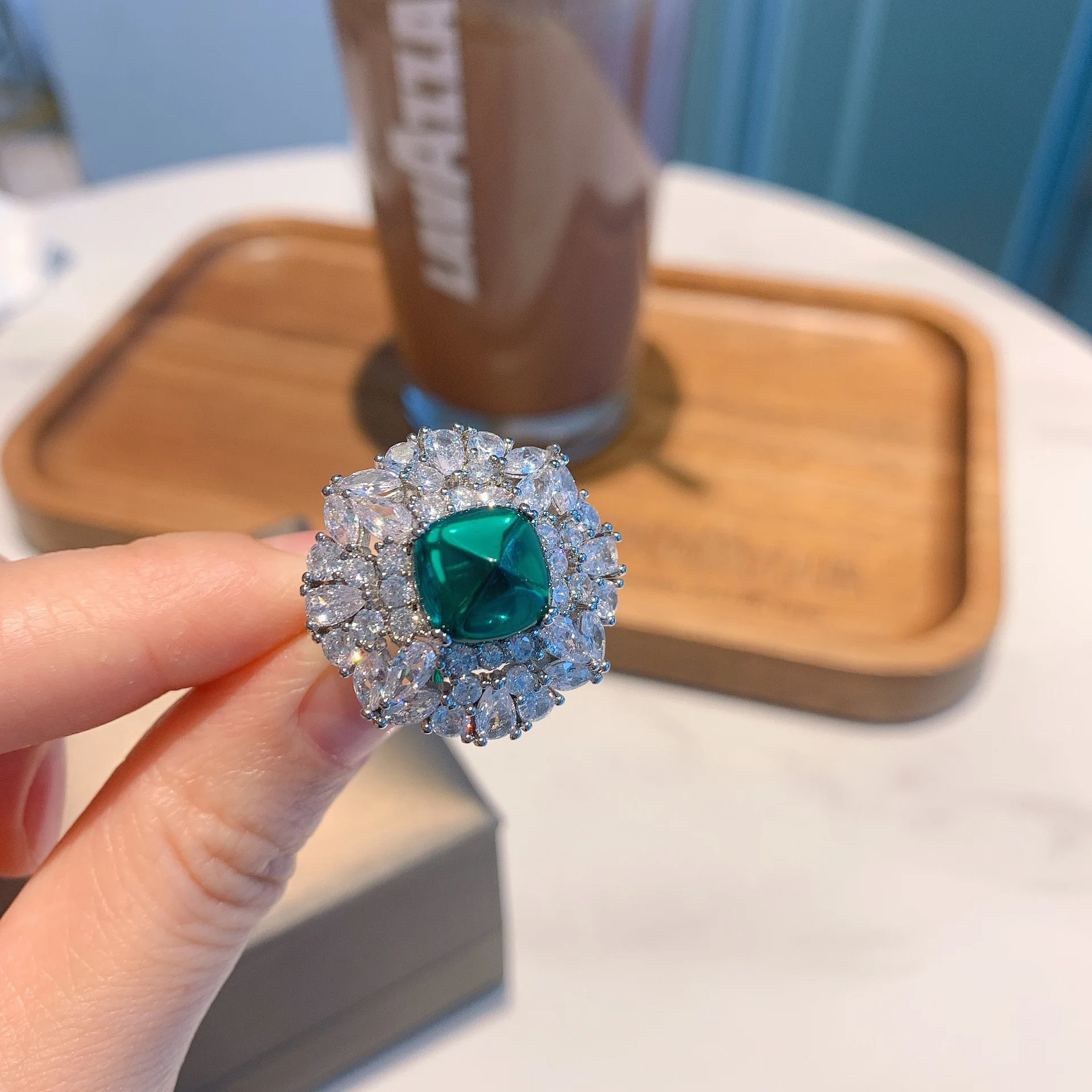 S925 Silver Colored Treasure Green Sugar Tower Blue Treasure Sugar Tower Full Set Ring Children's 10 * 10 Jewelry Wholesale