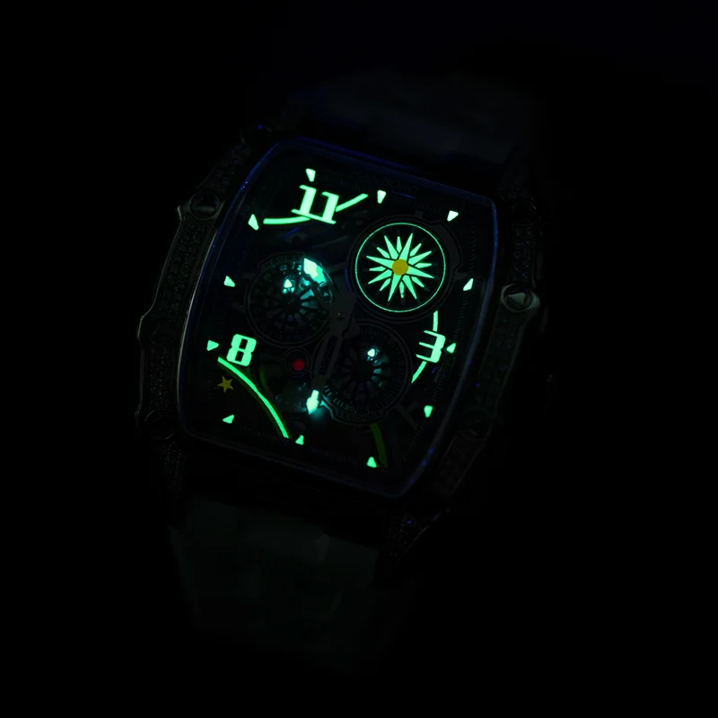 HANBORO Men Automatic Watch 52mm*42mm Mechanical Wristwatch Luminous Skeleton Tonneau Case Waterproof Rubber Strap Crystal Bezel