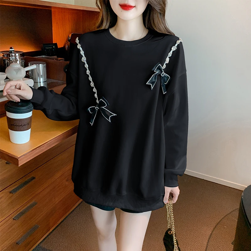 Woman Sweatshirts 2022 Sweet Korean O-neck Bow embroidery Pullovers Autumn Winter black Loose Hoodies Solid Womens big Clothing