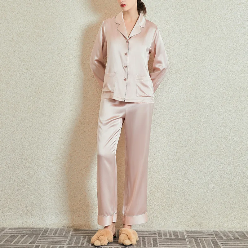 22MM 100% Mulberry Silk Pajamas Women Four Seasons Wear Button Down Sleepwear Set Notched Collar Long Sleeve Luxury Nightwear