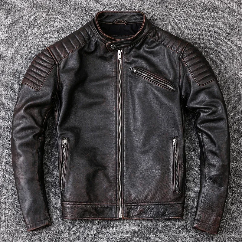 

Mens Leather Jacket Real Cowhide Men's Genuine Leather Clothes Fashion Vintage Motor Biker Style Jacket Leather Coat Asian Size