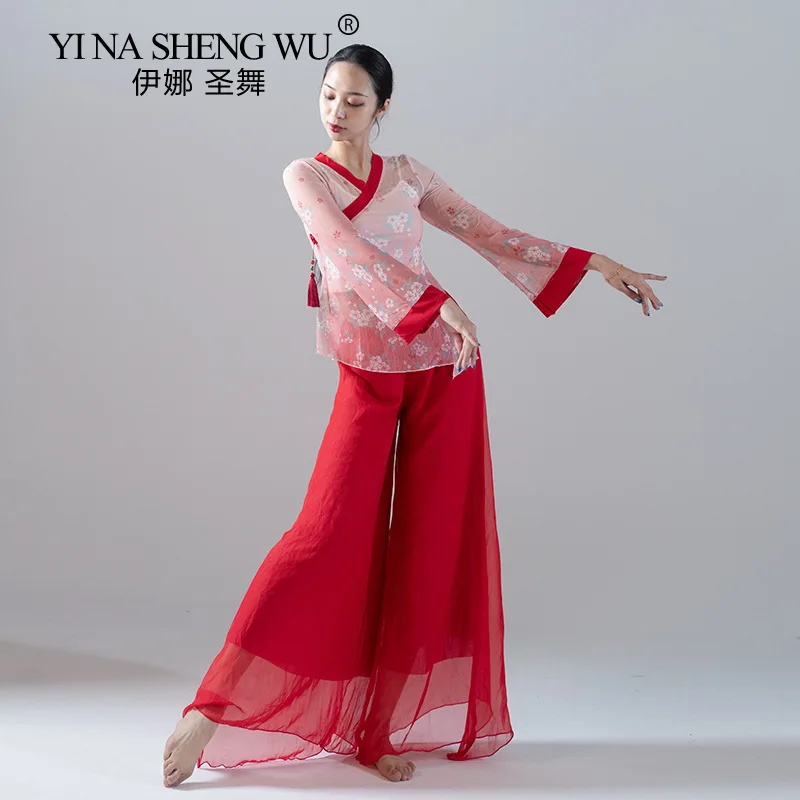 Classical Dance Clothes Oriental Dance Printing Medium Long-sleeved Tops Wide-leg Pants Loose Professional Performance Clothes