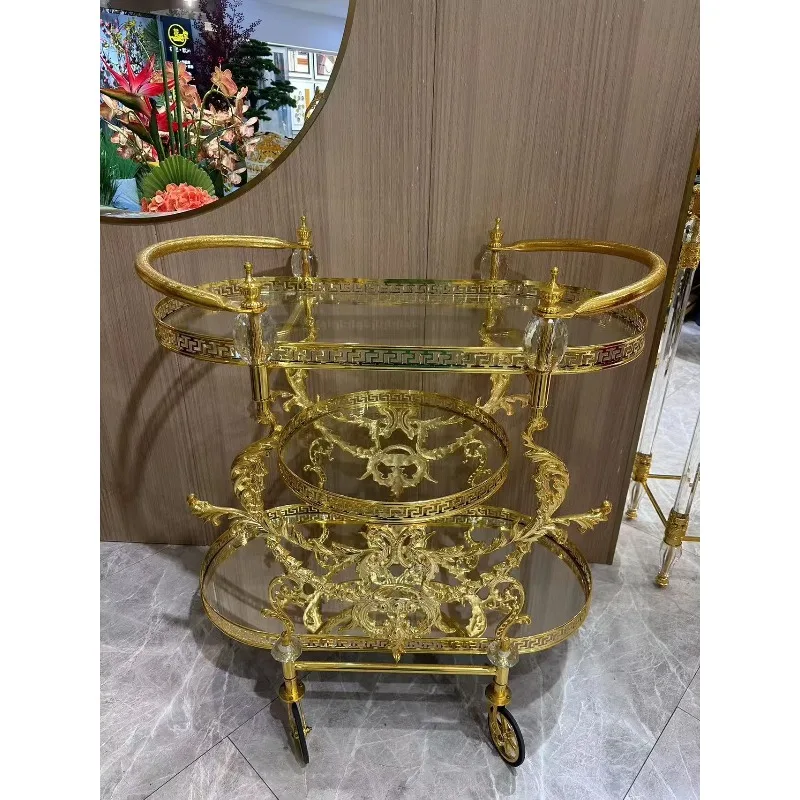 European Luxury Dining Cart Custom Carved Golden Copper Trolley Hotels Families Bars Kitchens Rooms Outdoor Living Rooms Modern