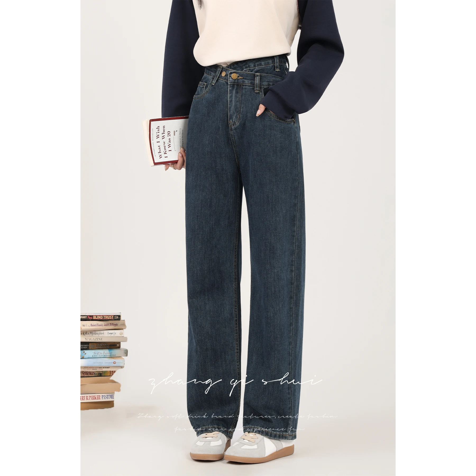 

Синие прямые джинсы с высокой талией, обтягивающие женские джинсы, повседневные осенние джинсы, Новое поступление, джинсы неровного дизайна