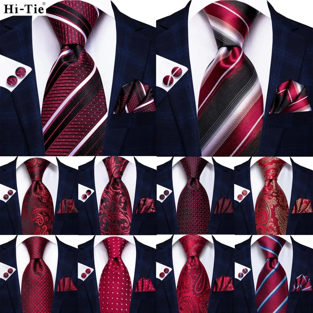 

Hi-Tie Burgundy Striped Floral Silk Wedding Tie For Men New Designer Mens Necktie Hanky Cufflinks Business Party Dropshipping