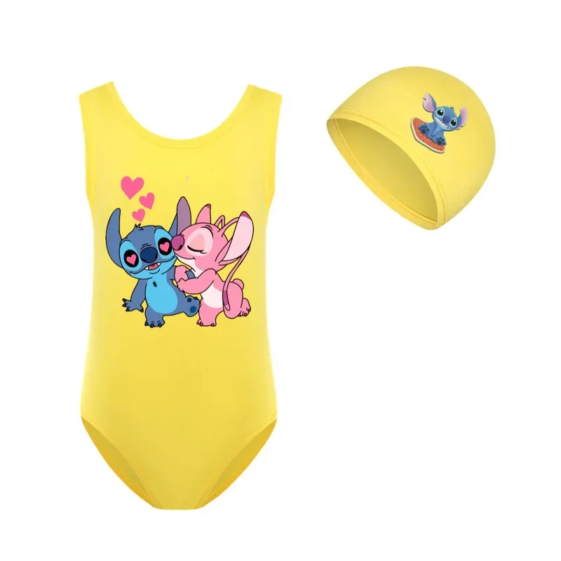 Traje de baño de dibujos animados para niños y niñas, conjunto de gorro de natación de Lilo & Stitch, atuendo de movimiento para aprender a nadar, Tops de 3 a 14 años