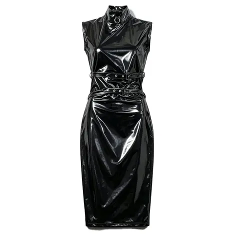 Fashion WOmen PU Long Dress PVC Shiny Latex Ammonia Hollow Out Elastic Dress Quality Elegant Party Bodycon Dresses Plus Size