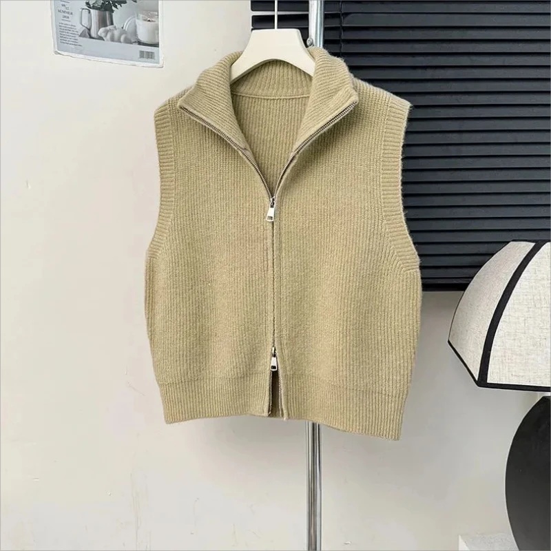 2024 Grey Knitted Vest Cropped Sleeveless Vests For Women Streetwear Zip Up Waistcoat Knit Vest Fashion Autumn Sweater