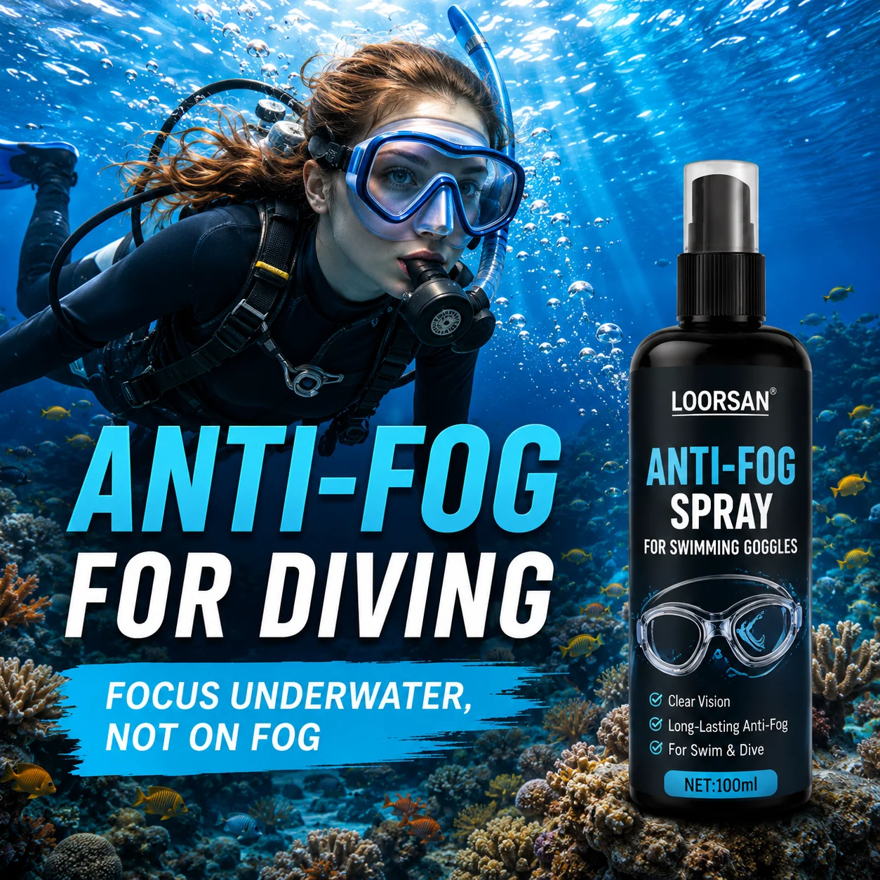 LOORSAN Diving Mask Anti-Fog Spray Long Lasting Defog Liquid Maintain Underwater Clear Vision for Snorkel Goggles Eyeglasses
