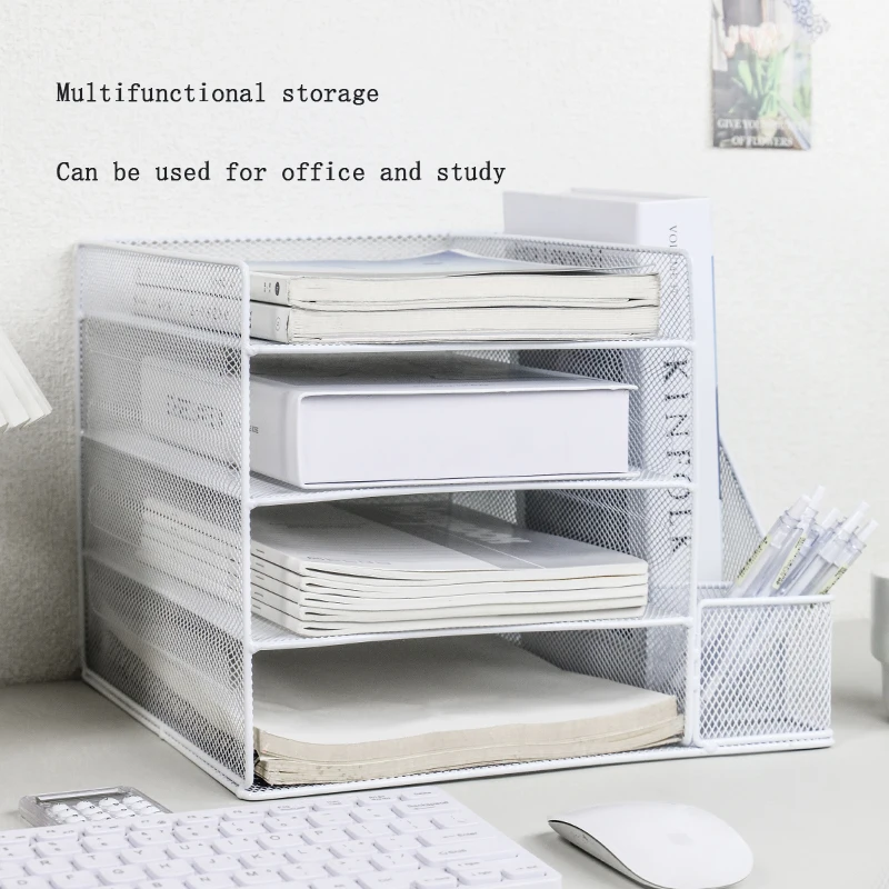 Paper letter tray storage box with bookend, 4-layer desktop accessories and work space storage box, desk storage