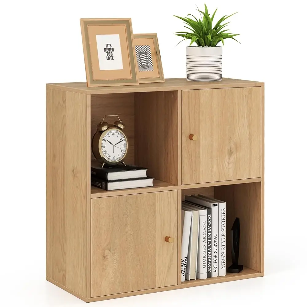 

4 Cube Bookcase With Doors, 2-Tier Cu Book Shelf With 2 Open Compartments, 2 Cabinets, Wooden Small Display Cabinet,