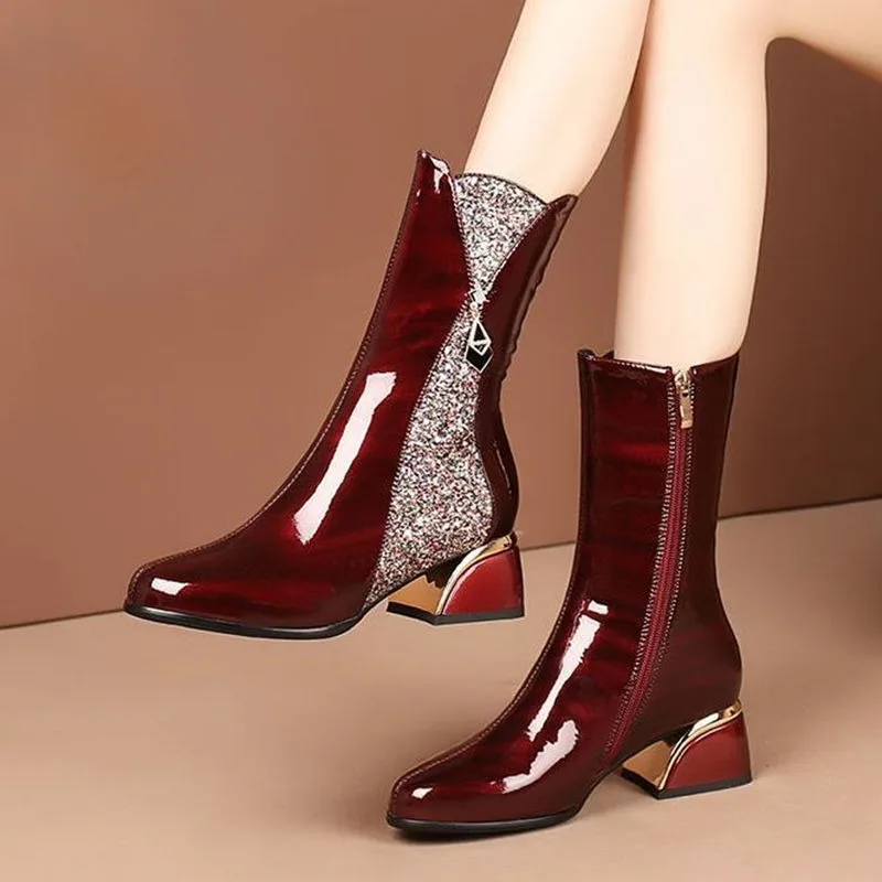 

Spliced thick heels women's boots 2025 autumn and winter fashion bright face thin all matching pointed mid-tube shoes