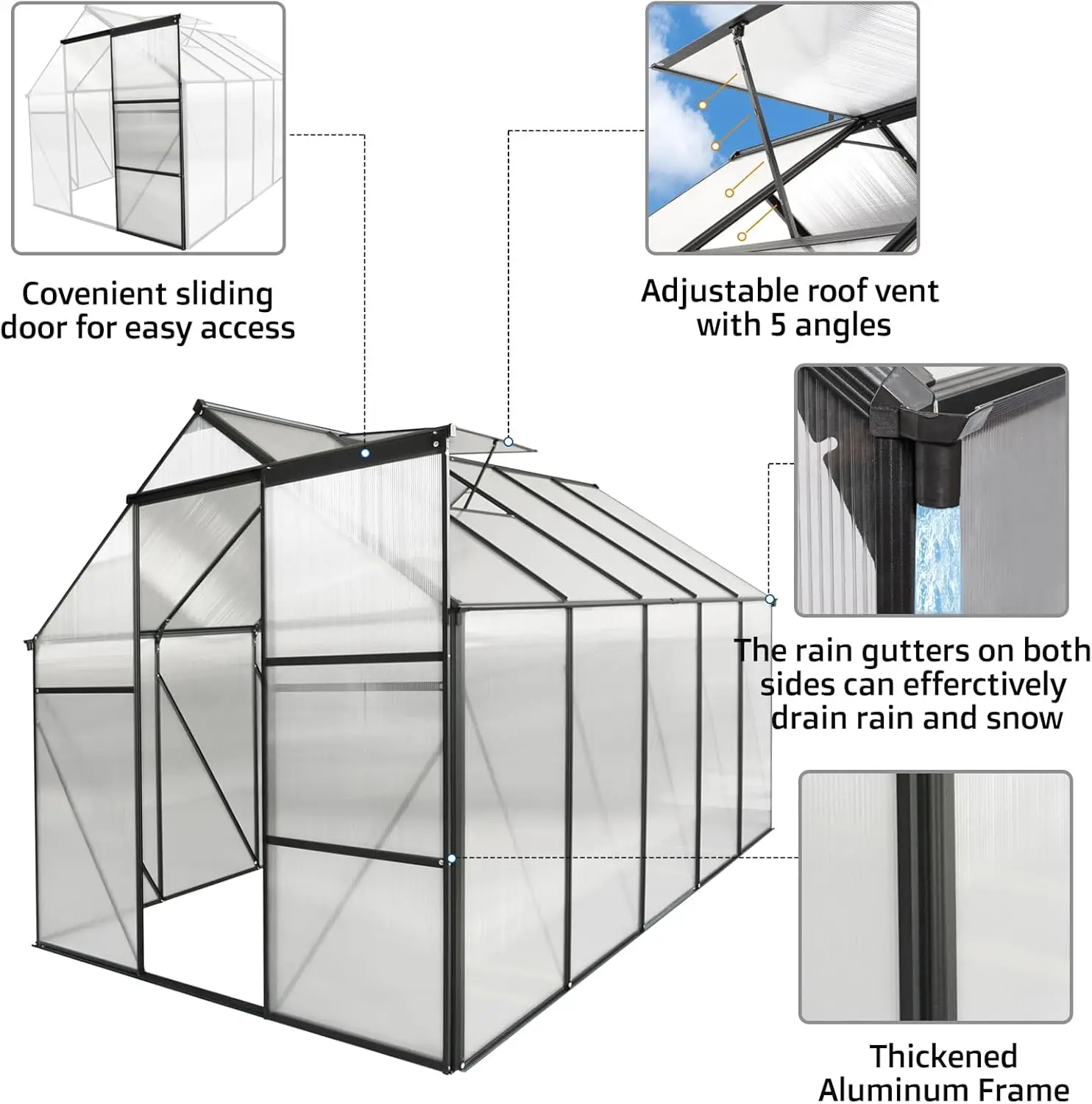 야외용 폴리카보네이트 온실, 헤비 듀티 알루미늄 온실, 빗물받이, 슬라이딩 도어 및 통풍구 창, 6'X10'