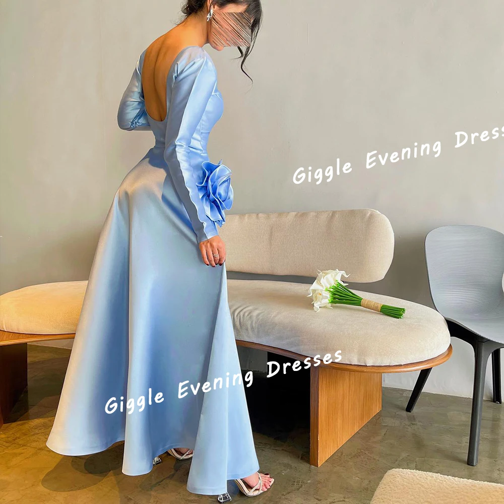 Giggle Satin O-Neck Flower A-Line Elegance Prom Gown Saudi Arab Eid al-Fitr Ankle-Length Evening Party Dresses for Women 2024