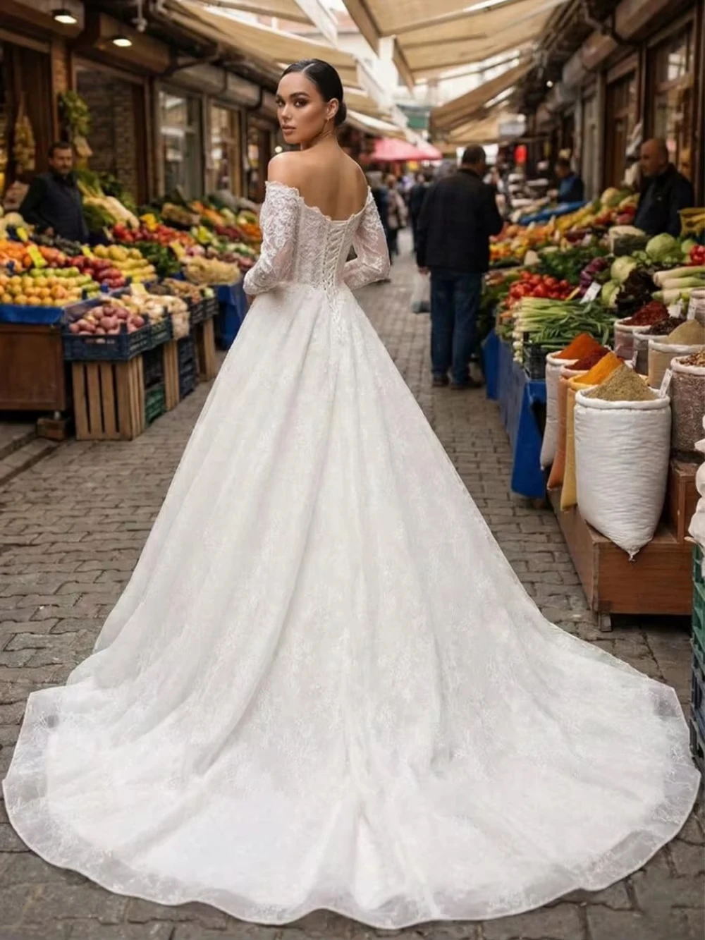 Luxury Empire Wedding Dresses for Ladies Elegant Strapless Bridal Gowns with Lace Exquisite Full Sleeve Vestidos De Novia New