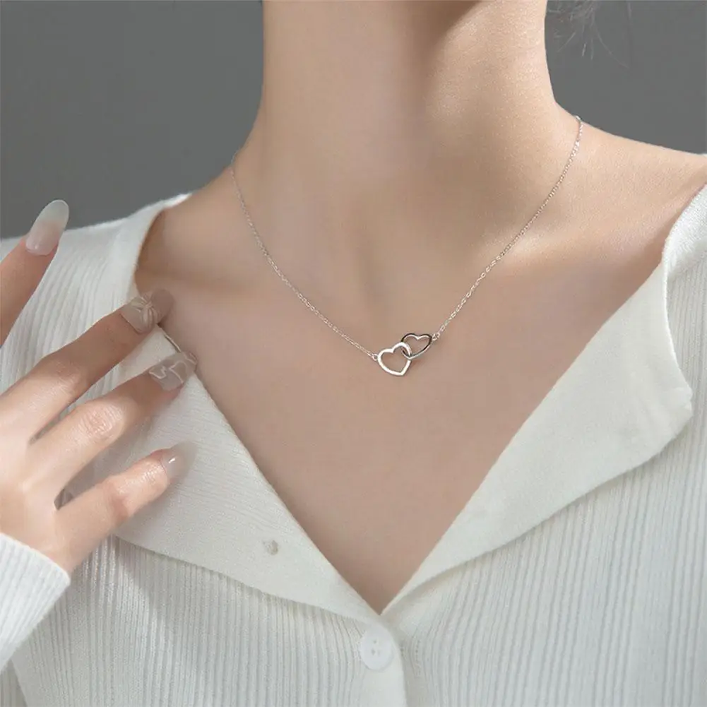 Silver Double Heart New Simple Necklace Female Clavicle Gift Sense Female Necklace Niche Jewelry Design M0R0