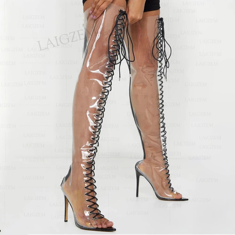 SEIIHEM Women Over Knee High Boots Clear PVC Back Zip Thin High Heels Transparent Tall Boots Shoes Woman Plus Big Size 38 41 43