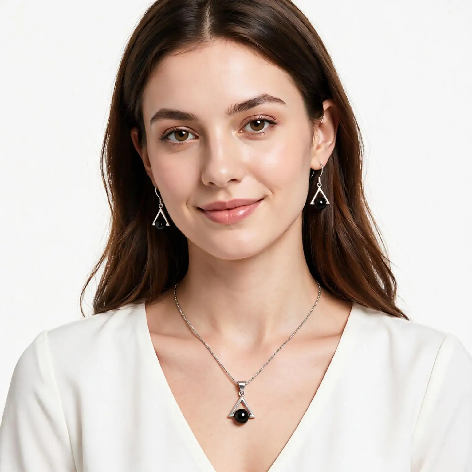 Charming 925 Sterling Silver Triangle Black Glass Necklace Earrings Set for Women Girls Anniversary Party Fashion Jewelry Gifts