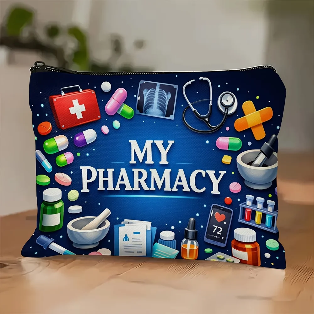 Stylish pharmacy printed cosmetic bag with zipper closure. Stores cosmetics, toiletries, sunscreen and pills. Perfect travel com