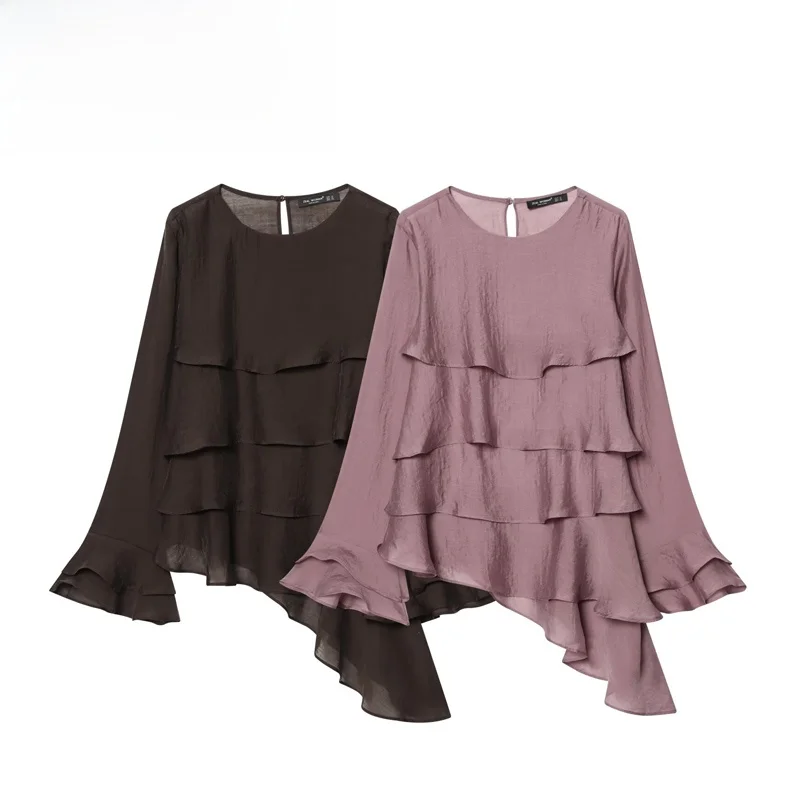 Elegant Women's Long Sleeve round Neck Asymmetric Layered Decoration Top Fashionable T-shirt Polyester Bell Sleeve Polka Dot