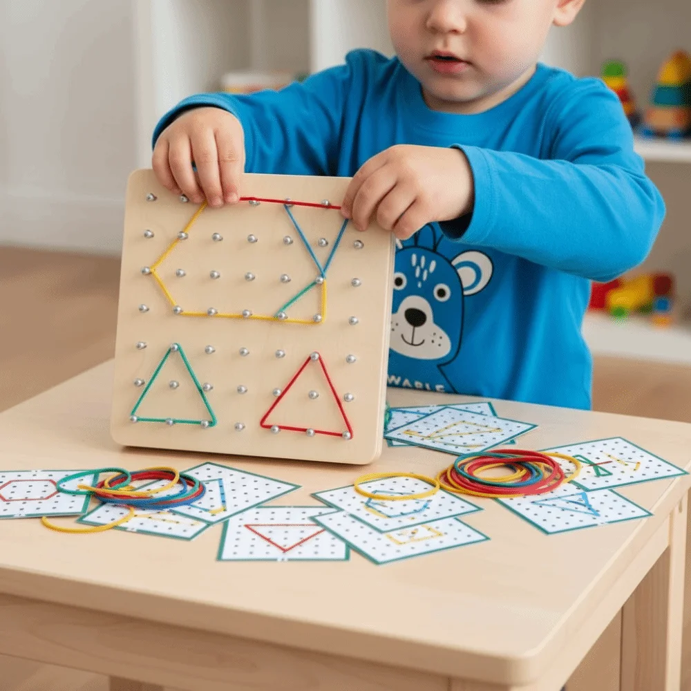 Geometria de madeira quebra-cabeça placa de unhas gráficos matemática geométrica montessori forma cognição forma interativa geometria educacional