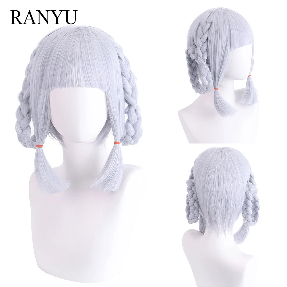 

RANYU Game Genshin Impact Kamisato Ayaka Springbloom Missive Wig Short Silvery White Synthetic Hair Wig for Party