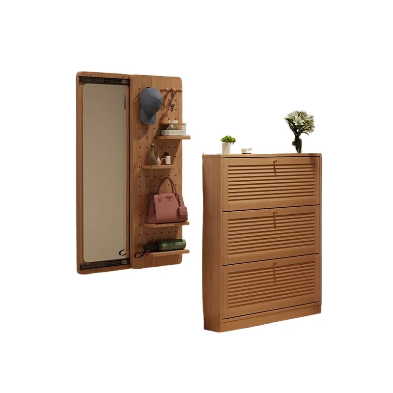 

Настенный комбинированный шкаф для обуви из массива дерева с откидной секцией и ультратонким зеркалом в полный рост для прихожей