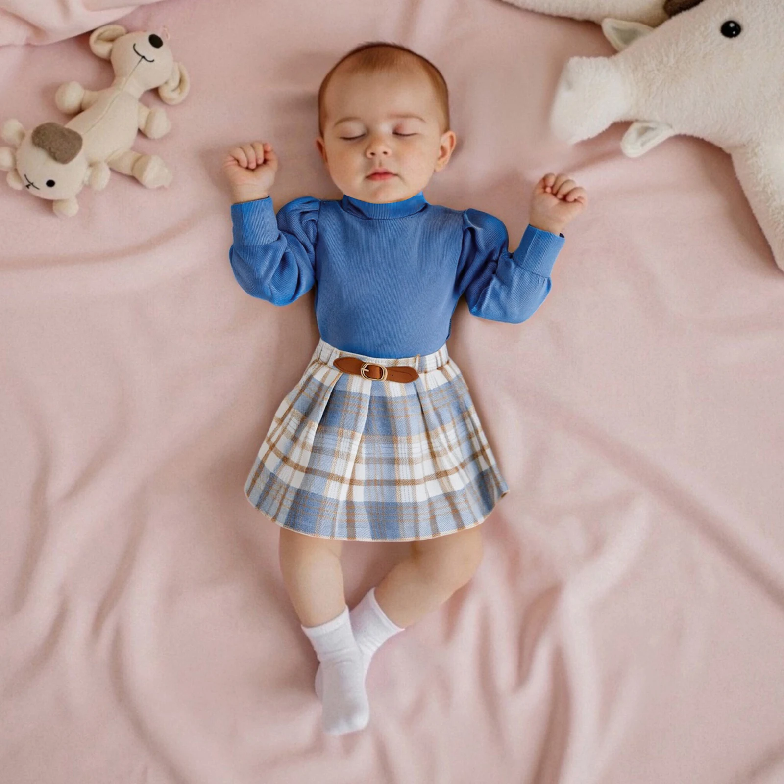 أطقم ملابس خريفية عصرية للفتيات الصغيرات من FOCUSNORM 0-4Y قطع علوية بأكمام طويلة ورقبة سلحفاة متينة وتنانير منقوشة على شكل حرف a #4