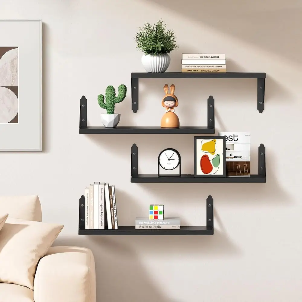 Wood Floating Shelves Set of 4, Rustic Storage Decor Wall Shelves, Wall Mounted Shelf for Living Room, Bedroom 17 x 6, Black