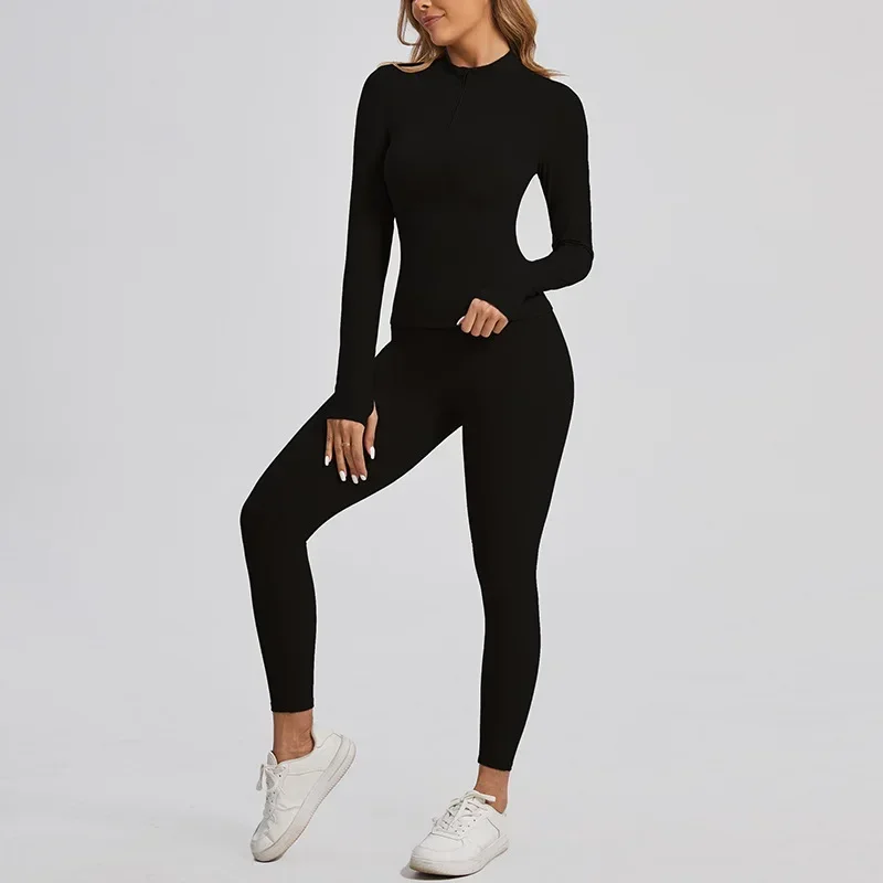 Conjuntos de yoga sem costura esportes fitness cintura alta hip levantar calças de manga comprida com zíper terno correndo treino ginásio leggings conjunto para mulher