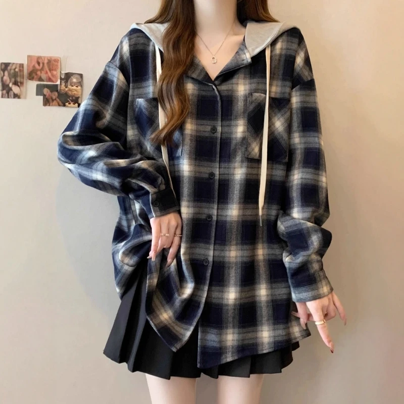 plus Size 300 Pounds Plaid Shirt Men's Spring Autumn American High Street Color Block Hooded Jacket Casual Breathable Long Sl...