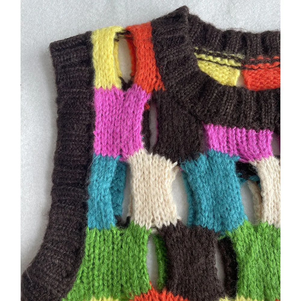 Women Wool Blend Hollow-out Handmade Colorful Sweater Vest 2023 Autumn Winter Korean Fashion