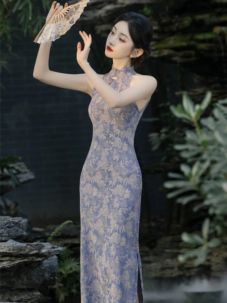 

Women New Cheongsam Style Improved Qipao Dress Children's Summer Small Long Print Hanging Neck Off Shoulder Dress