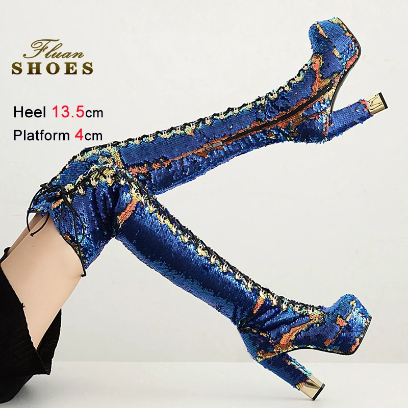 

2026 Golden Sequin Women's Over The Knee High Boots Autumn Winter Thick Heels Platform Round Toe Zipper Lace Up Catwalk Shoes CD