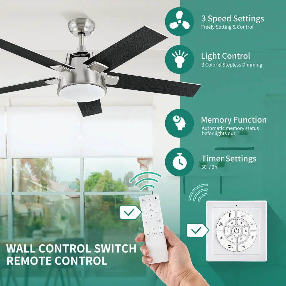 52'' Ceiling Fan Light Black LED 3-Color Chandelier Lamp with Reversible Motor