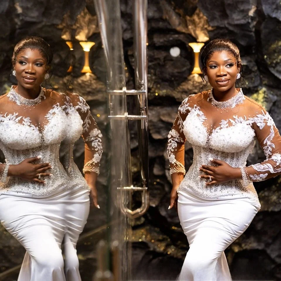 Customized High Neck Sparkly See Through Beads Appliques  Wedding Dress Robe De Mariée Full Sleeves Satin African Bridal Gown