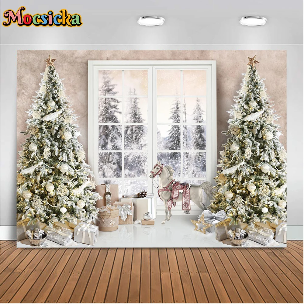 Mocsicka Winter Photography Background Christmas Curtains Fireplace Xmas Tree Candy Holiday Family Photo Backdrops Studio Props