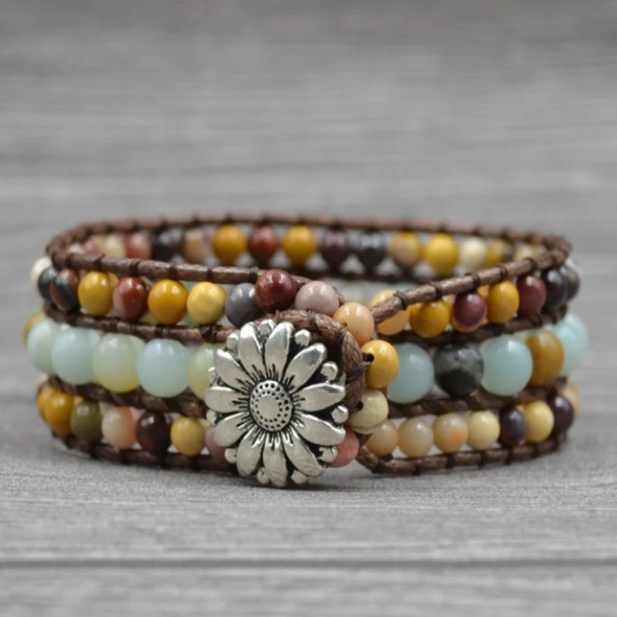 

Unique Natural Jasper Stone Bracelet Gemstone Wrap Leather Bracelets Healing Stone Bracelet for Women Men