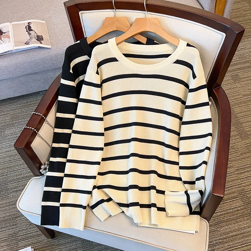 

Spring Fall Knitted Women T-shirt Striped Loose Breathable Cozy Casual Long Sleeve Tops Vintage Literary Simple Fashion Pullover