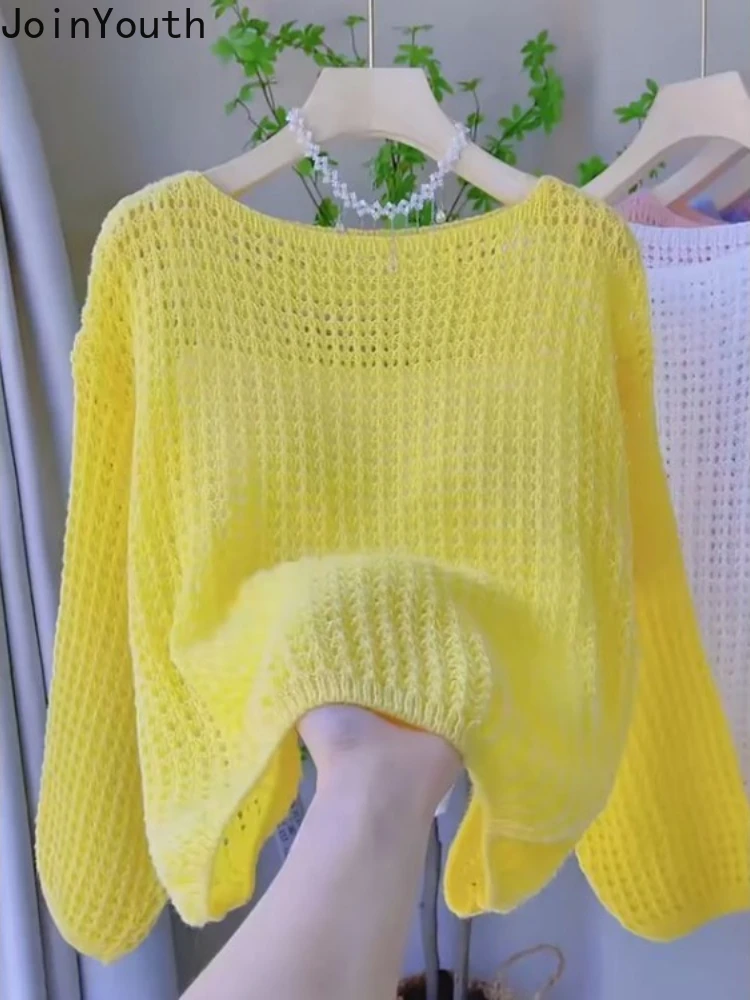 Jersey de manga larga con cuello redondo para Mujer, suéter corto de punto calado fino, Tops a la moda, 2024