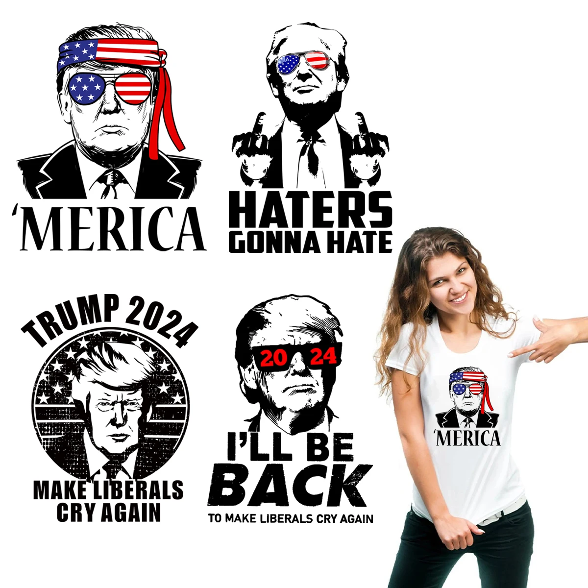 4sheets American Trump, Patriotic Heat Transfer Sticker, DIY USA Flag Iron-On Decals For Clothes, T-Shirt Making, Hat Decorating