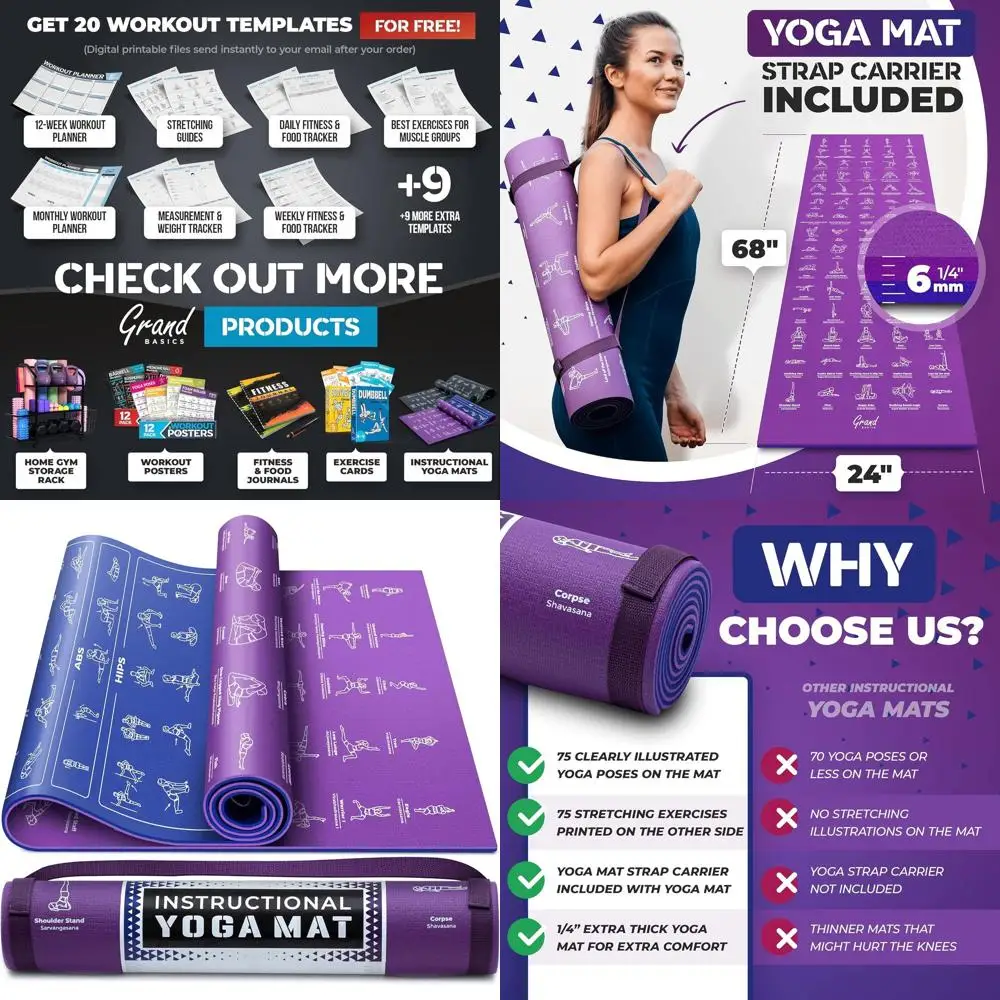 

Портативный коврик для йоги с 75 положениями и упражнениями — нескользящий, нетоксичный коврик толщиной 1/4 для всех уровней