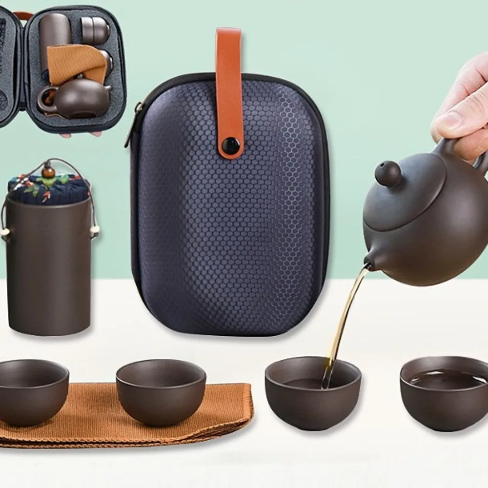 

8 шт./компл. портативный китайский чайный сервиз Gongfu из фиолетовой глины, фарфоровый чайный сервиз с сумкой, набор чайников «все в одном», мини-подорожный чайник для пикника