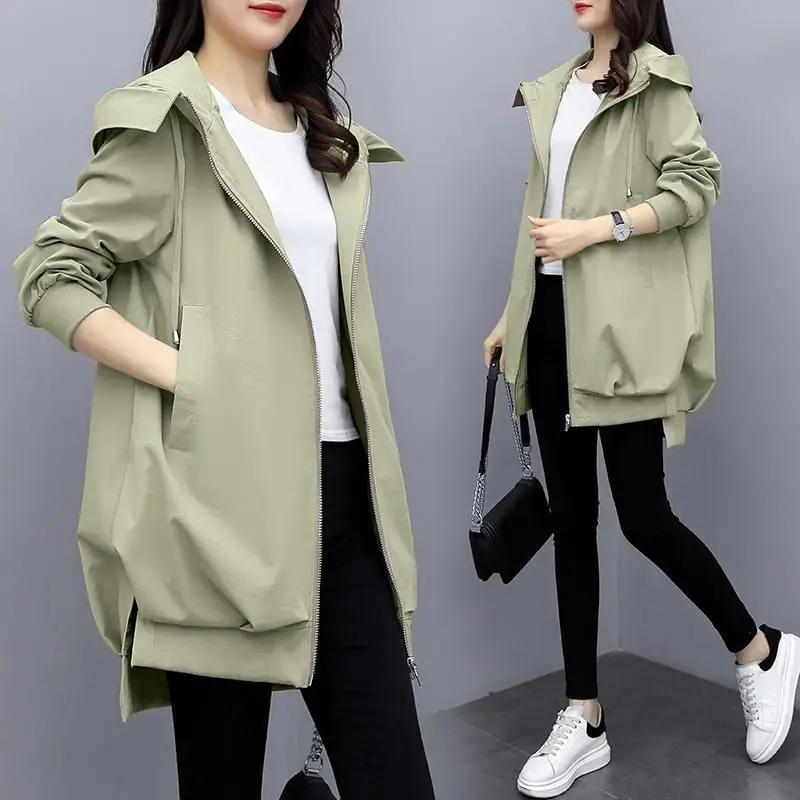 Women\'s Spring And Autumn Jacket Korean Style Khaki Loose Relaxed Hooded Windbreaker Mid Length Black Fashion Coat For Women Top